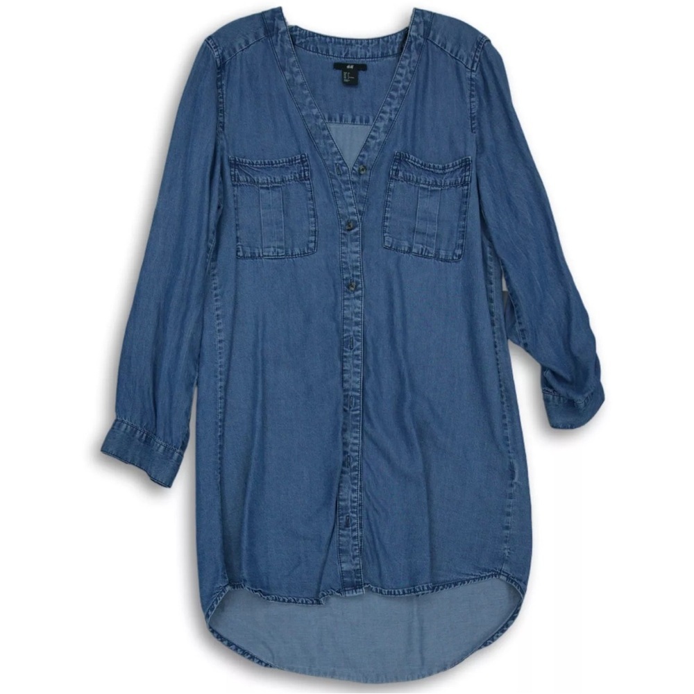 H&M Blue Denim Stretch Pockets Long Sleeve Casual Shirt Dress Tunic Size 4